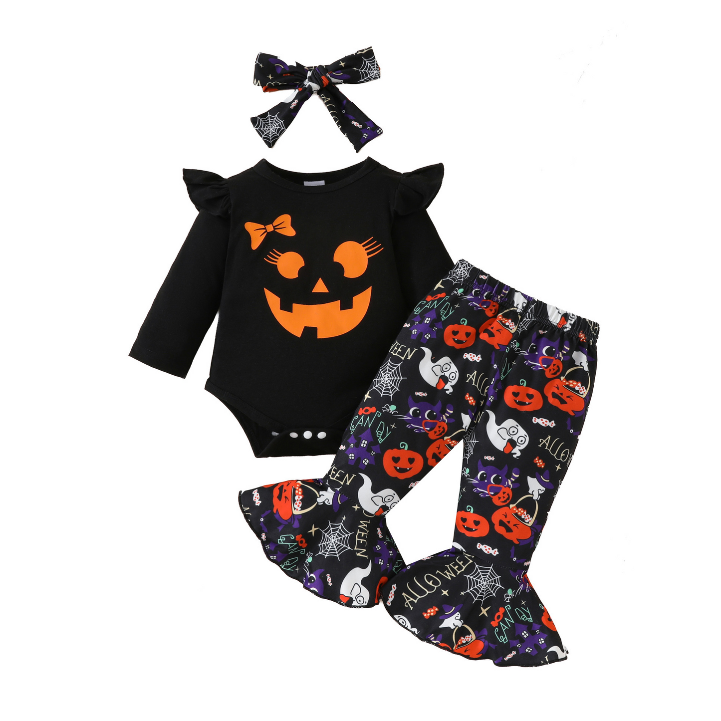 Halloween Baby Outfit Set – 2PCS Pumpkin & Ghost Print Clothes, Long Sleeve Top & Flared Pants for Newborns & Toddlers (0–18M)