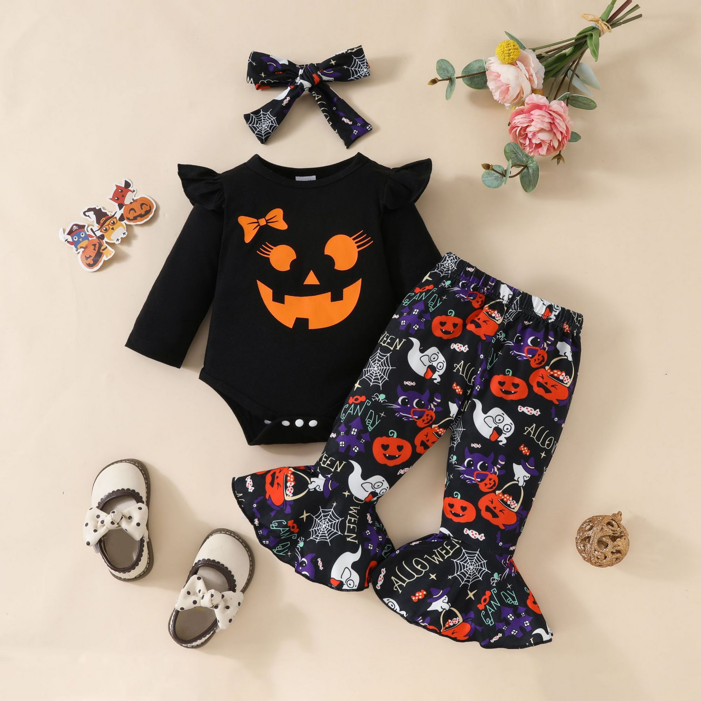 Halloween Baby Outfit Set – 2PCS Pumpkin & Ghost Print Clothes, Long Sleeve Top & Flared Pants for Newborns & Toddlers (0–18M)