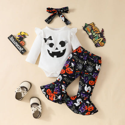 Halloween Baby Outfit Set – 2PCS Pumpkin & Ghost Print Clothes, Long Sleeve Top & Flared Pants for Newborns & Toddlers (0–18M)