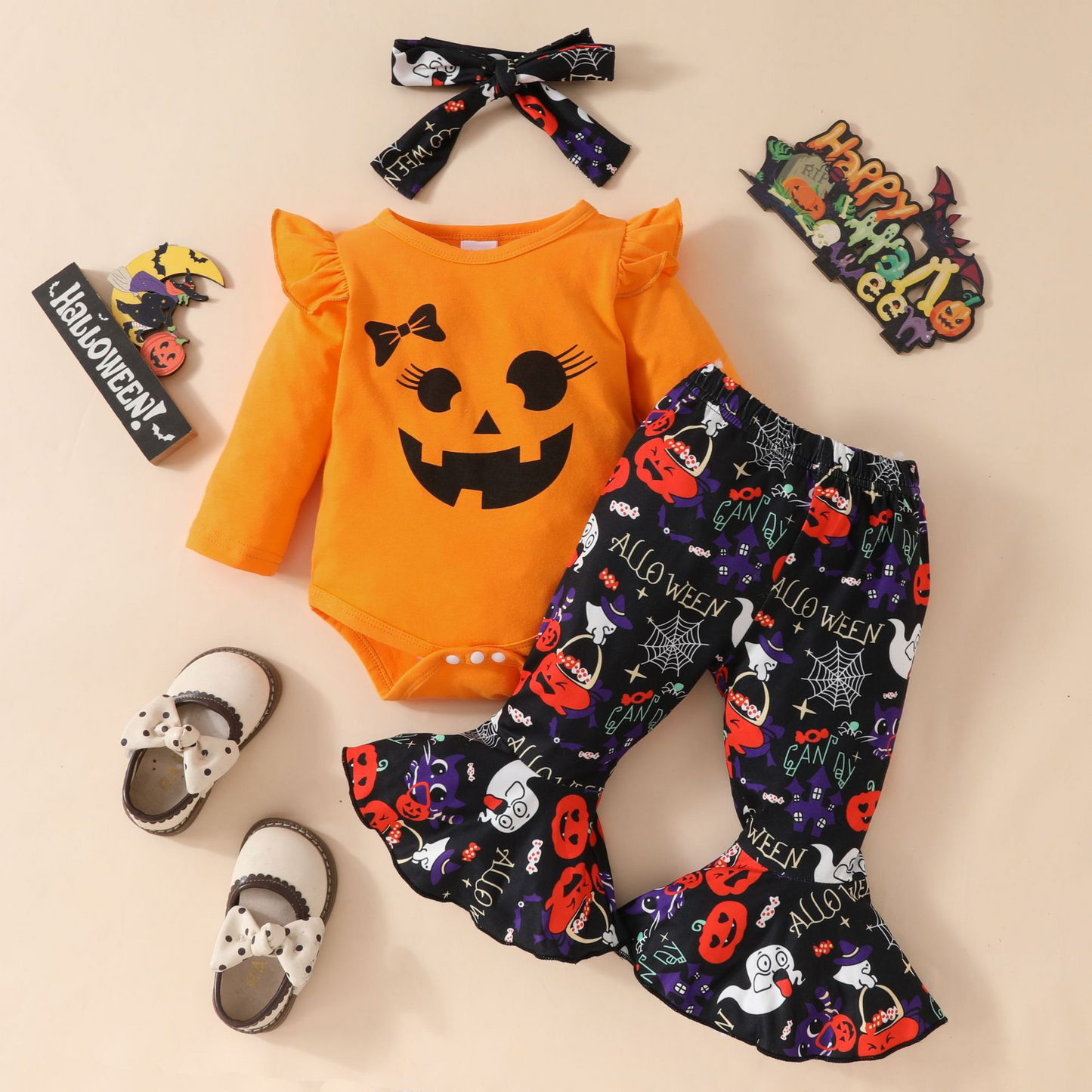 Halloween Baby Outfit Set – 2PCS Pumpkin & Ghost Print Clothes, Long Sleeve Top & Flared Pants for Newborns & Toddlers (0–18M)