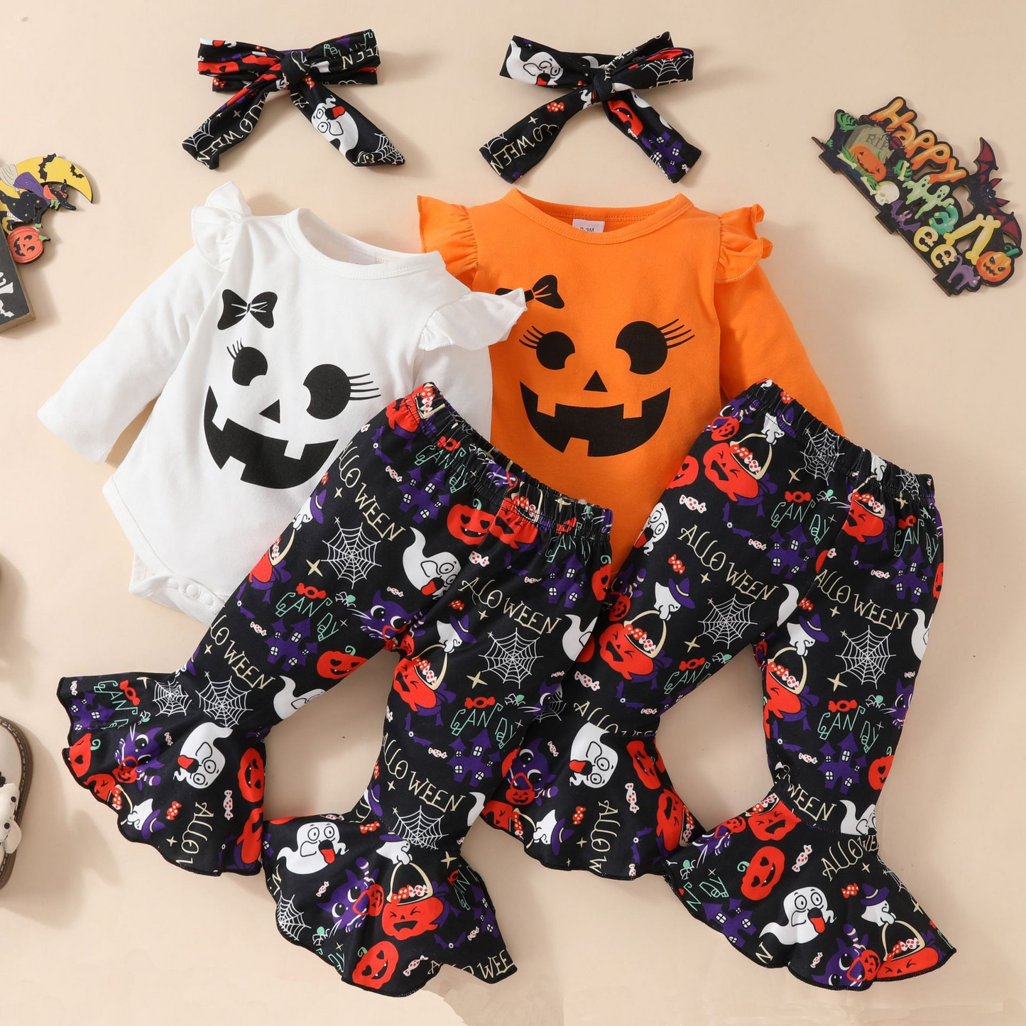 Halloween Baby Outfit Set – 2PCS Pumpkin & Ghost Print Clothes, Long Sleeve Top & Flared Pants for Newborns & Toddlers (0–18M)
